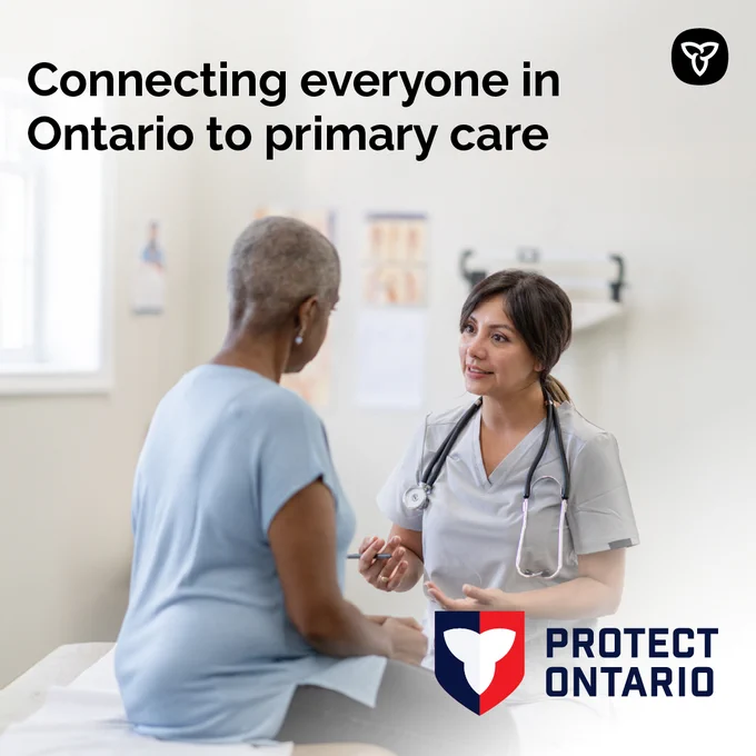 Patient with provider. Image Text: Connecting everyone in Ontario to primary care.
