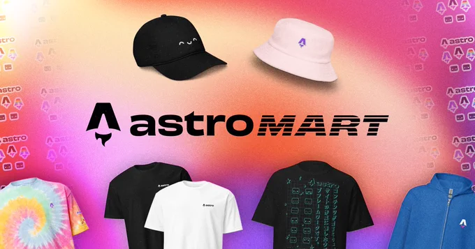 Astro Mart
A range of apparel products are shown: a black cap, bucket hat, t-shirts in black, white, and tie-dye styles, and a royal blue hoodie, on a vibrant orange, pink, and purple gradient background.
