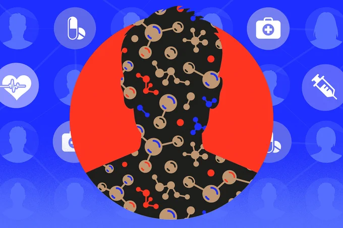 A silhouette of a face dotted with metabolic genes spotlighted on a red circle with a blue background