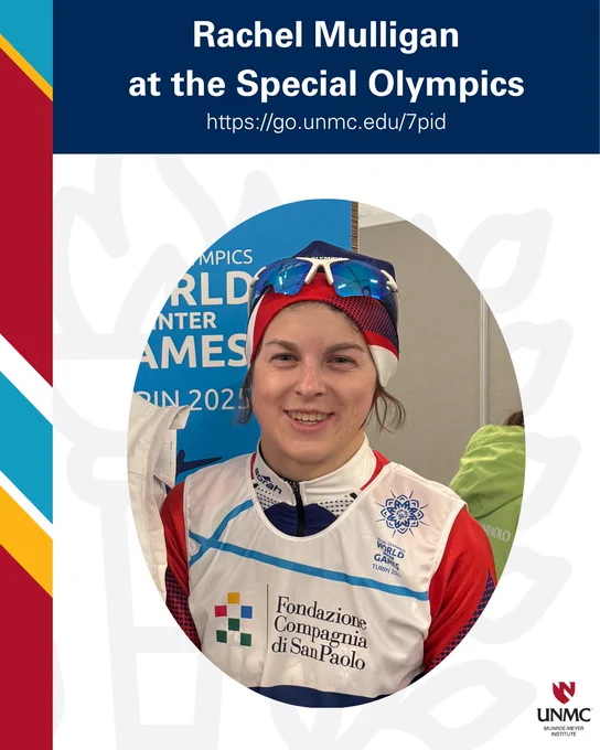 Rachel Mulligan in cross-country skiing uniform and blue sunglasses with the Special Olympics Winter Games Turin 2025 banner in the background. Text: "Rachel Mulligan at the Special Olympics" with web address linked to article, UNMC MMI logo and branding.