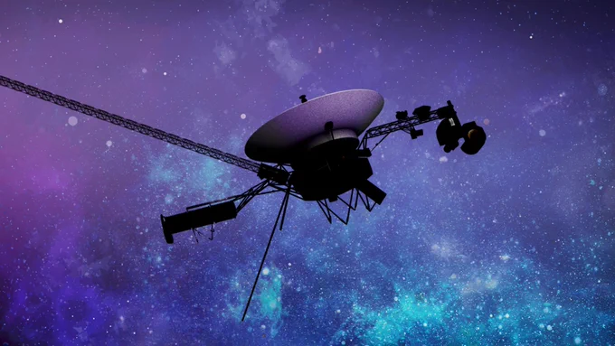 Illustration of a Voyager spacecraft in space, silhouetted against a colorful, star-filled background in shades of purple and blue. The spacecraft's large dish antenna and extended instrument arms are prominently visible, evoking its ongoing journey through interstellar space.