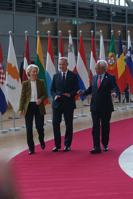 Prime Minister Mark Carney is walking and speaking with the President of the European Commission, Ursula von der Leyen, and President of the European Council, António Costa, at the Canada-European Union Summit in Brussels, Belgium.
