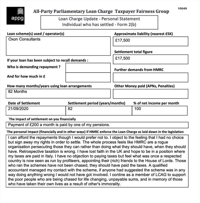 This is an example of a Loan Charge Impact statement taken as evidence by the Loan Charge and Taxpayer Fairness Group AAP. These statements highlight the true impact of the Loan Charge on families and individuals and how that differs from what is reported by HMRC

Work for HMRC? Sick of the slaughter? Help us. Follow the link below:

https://www.hmrcloancharge.info/hmrc-whistleblower-portal/

To see a proposed solution to the mess visit:

https://www.loanchargeresolution.co.uk/wp-content/uploads/2024/08/Letter-to-Exchequer-Secretary-to-the-Treasury-about-the-Loan-Charge-August-2024.pdf


We understand that those affected may be having a tough time right now, especially given the disappointing announcement from the Government. If this is you please seek help. We attach contact details for Samaritans.
#LoanChargeScandal 
 
https://www.samaritans.org
Call: 116 123