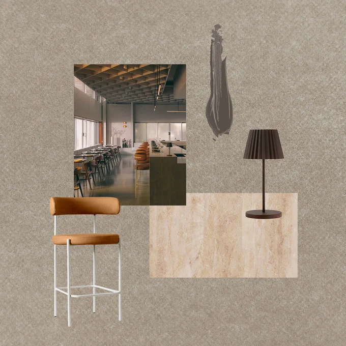 Collage featuring various images: a stylish cafeteria with rows of tables and chairs under pendant lights, a cello, a bar stool with brown leather seating, and a lamp on a small table, all against a textured acoustic beige background.