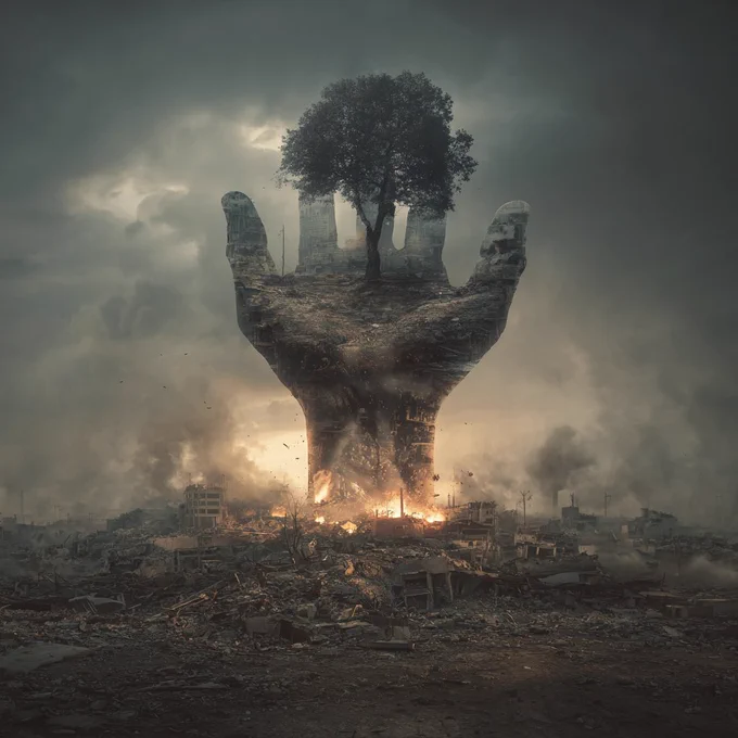 A surreal image of a colossal hand made of stone and earth rising from a destroyed cityscape. Atop the open palm, a single large tree stands tall and alive, symbolizing resilience and hope. Smoke and fire engulf the ruins below, contrasting the devastation with the life sustained in the hand. The sky is dark and stormy, adding a dramatic tone to the scene.
