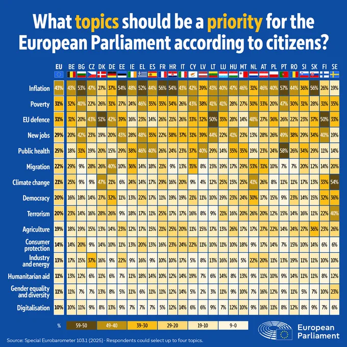Infographic detailing the topics that citizens want the European Parliament to prioritise, according to a Eurobarometer survey conducted in 2025. There is a European Parliament logo in the bottom right-hand corner