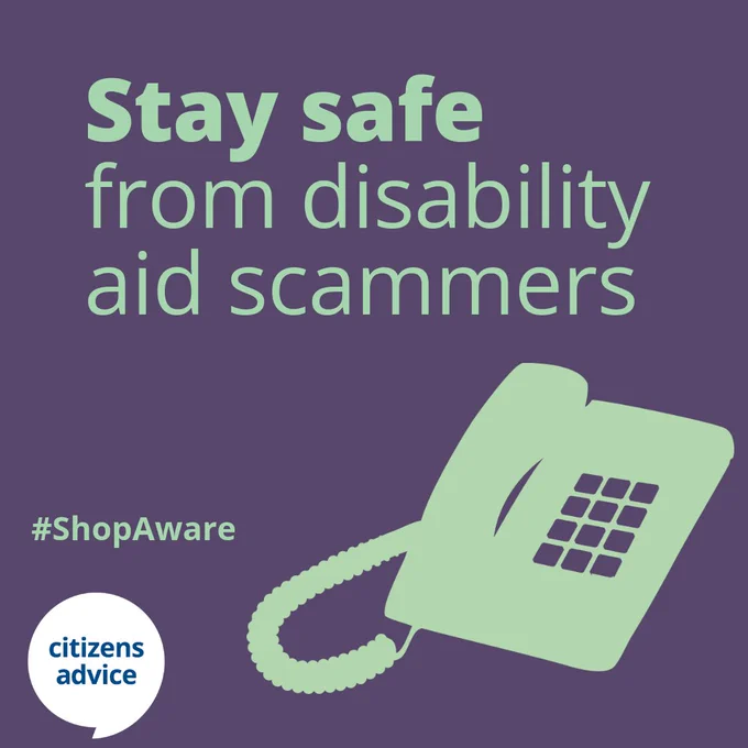 Silhouette of a telephone handset. Copy alongside reads 'Stay safe from disability aid scammers'.