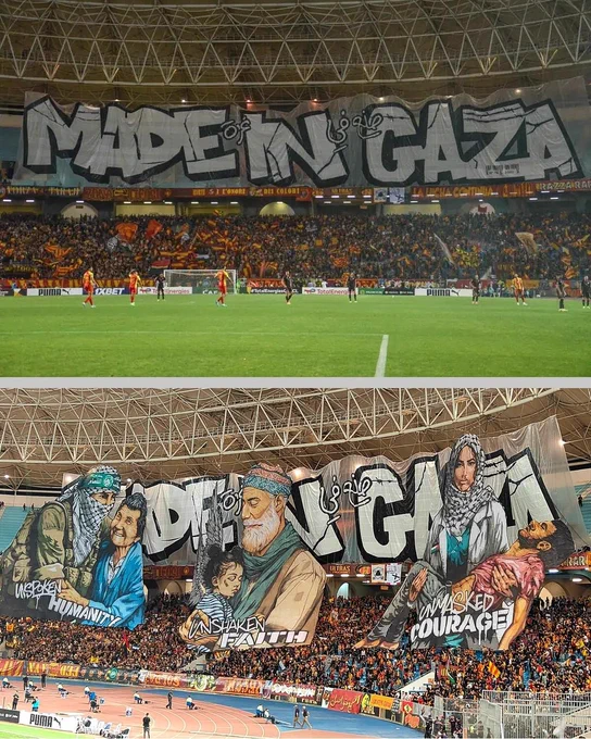 Imagem mostra faixas na arquibancada da torcida do Espérance com a frase "Made in Gaza".