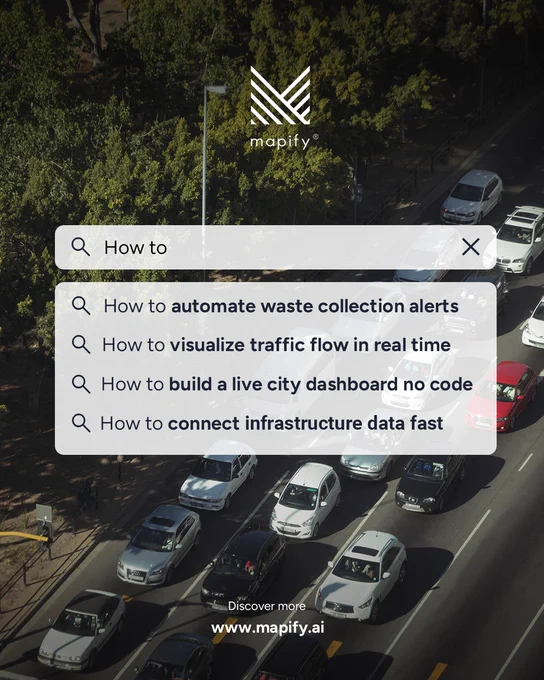 A promotional graphic for Mapify featuring a bird’s-eye view of a city road with cars in traffic. At the top, the Mapify logo is visible. A search bar appears over the image with the prompt “How to,” followed by suggestions.
At the bottom, it reads “Discover more” with the website www.mapify.ai.