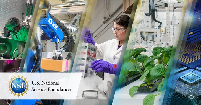A collage of images: left to right: person in a lab in protective gear working on a machine; machinery on a box, a person in lab gear pulling out samples from dry ice; a plant in a lab; a microchip with its layers floating over it.