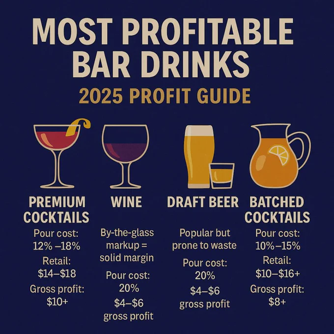 Infographic titled “Most Profitable Bar Drinks – 2025 Profit Guide,” featuring five illustrated categories: Premium Cocktails, Wine, Draft Beer, Top-Shelf Shots, and Batched Cocktails. Each drink type includes visual icons and supporting text that highlights pour costs, retail pricing, and profit margins. Set on a dark background with bold cream and gold typography, designed for bar owners and operators.