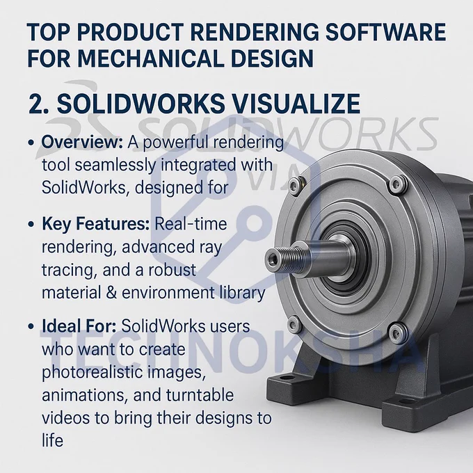 Promotional poster highlighting SolidWorks Visualize as a top product rendering software for mechanical design. The left side lists its features—real-time rendering, ray tracing, and robust material libraries—while the right side displays a photorealistic mechanical part. The SolidWorks Visualize logo is subtly placed in the background.