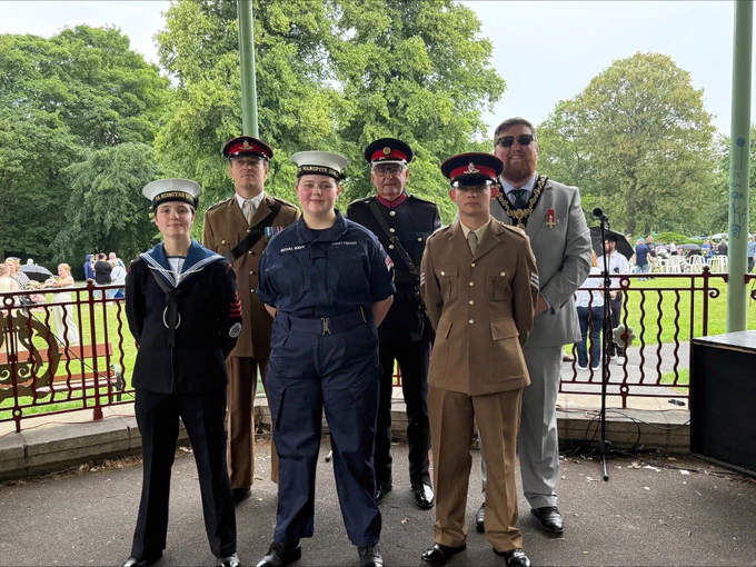 Mayor of St Helens Borough, Cllr Seve Gomez-Aspron, pictured with military personnel at Armed Forces Day event 