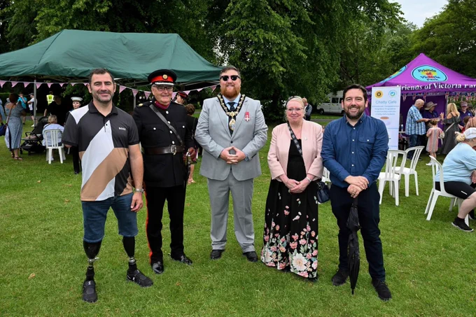Mayor of St Helens Borough, Cllr Seve Gomez-Aspron, pictured at Armed Forces Day event with attendees including Andy Reid MBE, Cllr Lynn Clarke, David Baines MP.