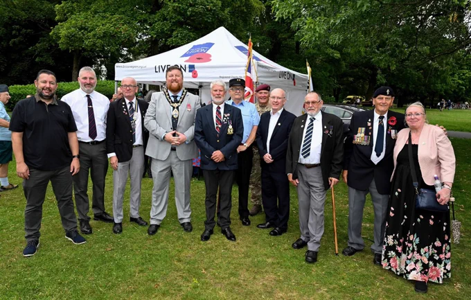 Mayor of St Helens Borough, Cllr Seve Gomez-Aspron, pictured at Armed Forces Day event with attendees including Cllr Lynn Clarke, Cllr Keith Laird and Leader of St Helens Borough Council, Cllr Anthony Burns.