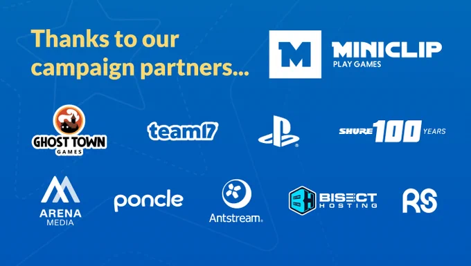 Blue background with 17 white logos of Wish 200 Week campaign partners including Miniclip, Ghost Town Games, Team17, PlayStation, Shure, Arena Media, Poncle, Antstream, Bisect Hosting and RS Listen. In the top left corner is text in yellow which says: 'Thanks to our campaign partners...'.