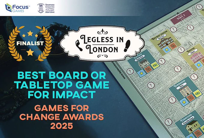 A corner of the board of the game Legless in London, showing various location squares and a map of Victorian London. To the left of the board is the title of the game and the text “FINALIST” and “BEST BOARD OR TABLETOP GAME FOR IMPACT / GAMES FOR CHANGE AWARDS 2025”.