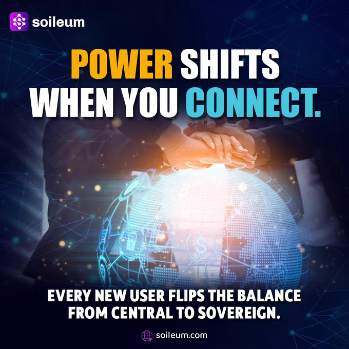 Hands stacked together over a digital globe with blockchain and currency icons, representing decentralized power through user connection.
