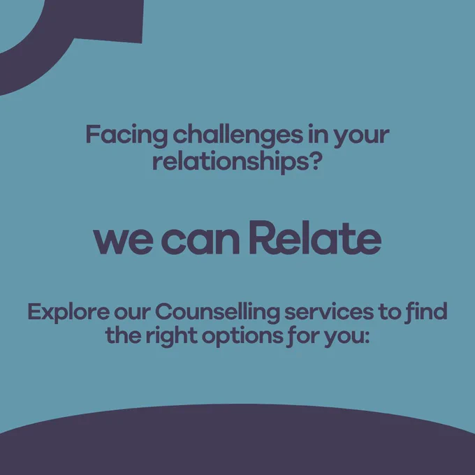 Promotional image for counselling services with the text: "Facing challenges in your relationships? We can Relate. Explore our Counselling services to find the right options for you." The background is blue with a speech bubble motif.