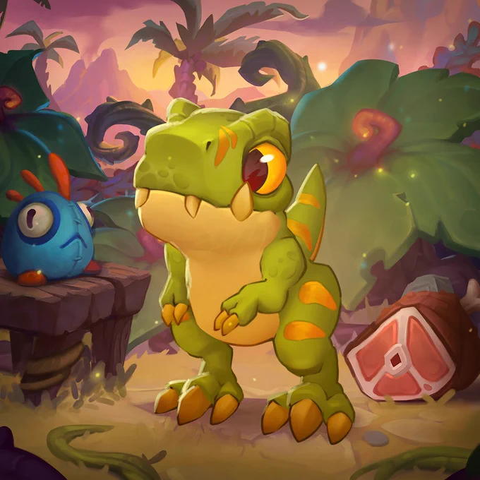 An illustration of the King Krush Pet, a small baby version of the usually-imposing Devilsaur. He's a green T-Rex standing on the forest floor. A rack of meat lies on the ground to the right, and a Murloc stuffed animal sits on a wooden table to the left.
