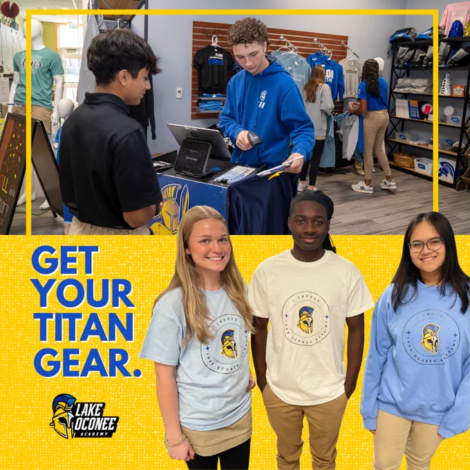 Students at Lake Oconee Academy shopping for school merchandise such as clothing and accessories in the school store. The banner reads 'Get Your Titan Gear.'