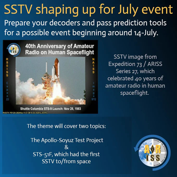 The image is a graphic for an upcoming SSTV (Slow-Scan Television) event related to amateur radio on human spaceflight. It announces a possible event starting around July 14, 2025, and encourages users to prepare their decoders and pass prediction tools. The event marks the 40th anniversary of amateur radio in human spaceflight, featuring an SSTV image from Expedition 73/ARISS Series 27. The theme covers the Apollo-Soyuz Test Project and STS-51F, which had the first SSTV to/from space. The graphic includes an image of the Space Shuttle Columbia STS-9 launch on November 28, 1983, and logos related to ARISS and ISS.
