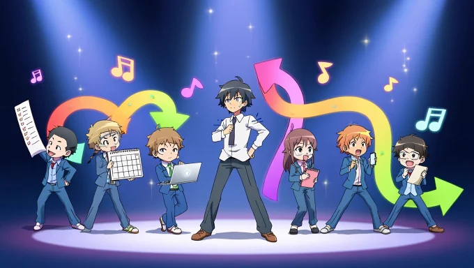 A solo founder character in a vibrant, open studio, leading a group of cute, chibi assistants (representing different workflow steps) in a synchronized dance. Each assistant holds a unique prop—like a checklist, a calendar, or a glowing laptop—while colorful, swirling arrows connect them in a flowing sequence.