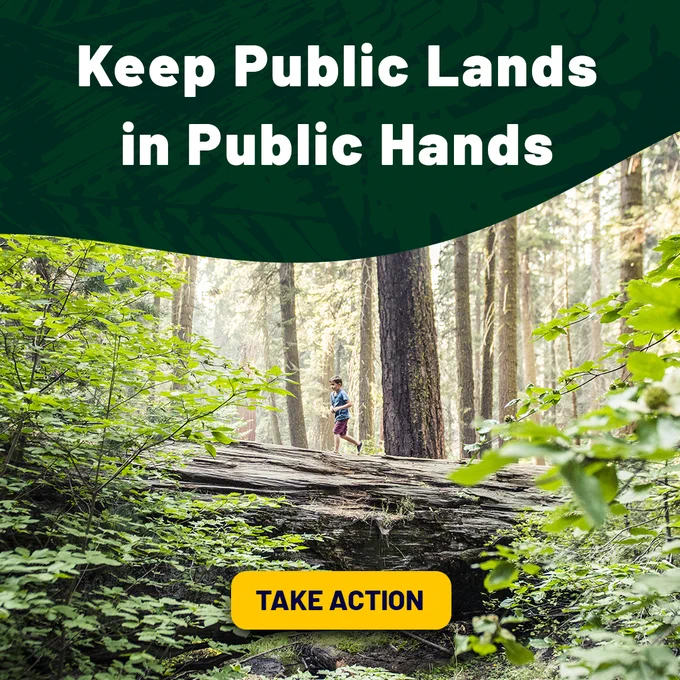A graphic of a person walking in a forest with the text "Keep Public Lands in Public Hands" and "Take Action" overlayed on top.