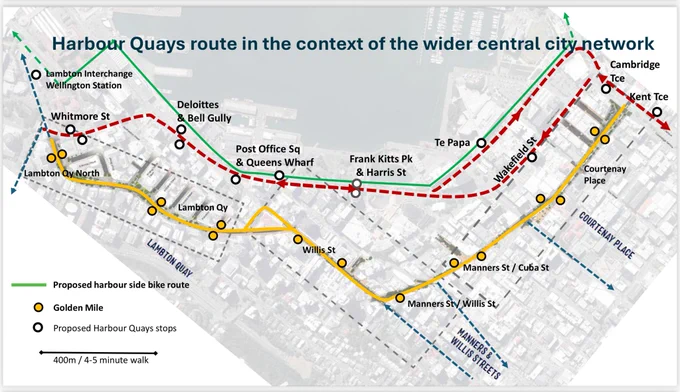 Map showing the proposed Harbour Quays bus route with existing Golden Mile stops and proposed future Harbour Quays stops.