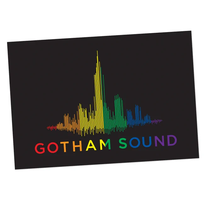 Sticker featuring Gotham Sound's logo in rainbow on a black background.