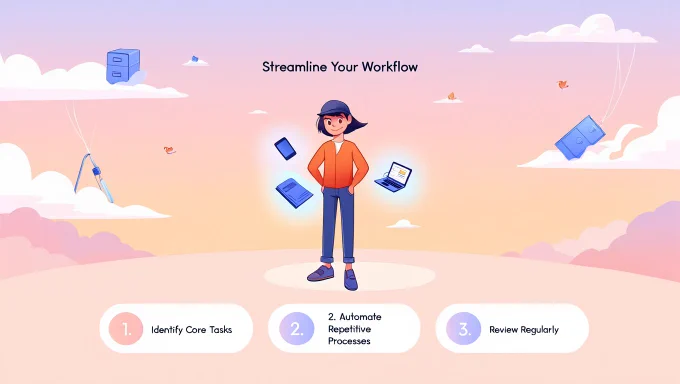 A solo founder character standing on a floating platform, surrounded by a few glowing, essential tools, each radiating soft light. Unused, bulky tools gently drift away on whimsical clouds, symbolizing letting go.