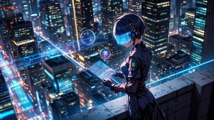 A lone agent standing on a high ledge overlooking a futuristic city grid, where glowing data pipelines run between towers. The agent's interface visor activates, pulling live data streams from nodes scattered across the skyline — memory bubbles, task nodes, tool feeds.