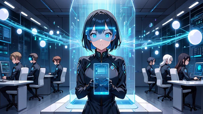 A sleek, luminous control chamber. At the center, a confident agent with glowing HUD eyes stands in front of a vertical context terminal, mid-action. Holographic data streams flow from all directions — connecting memory nodes, tools, and task plans into a synchronized blueprint.