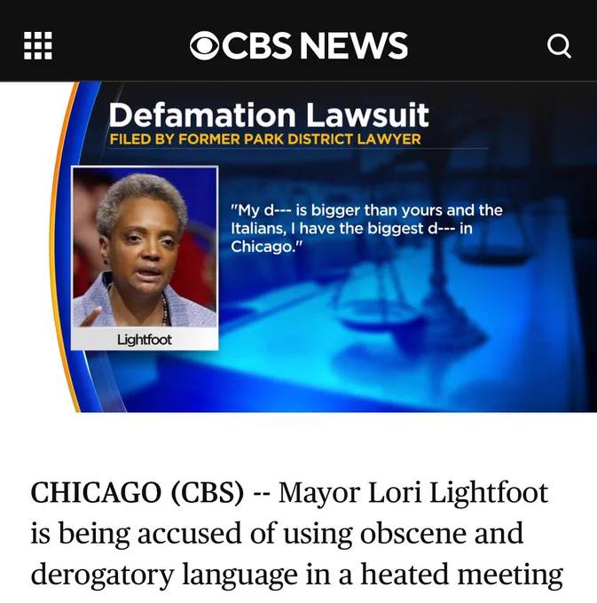 cbs news article featuring a quote from chicago mayor lori lightfoot reading “my dick is bigger than yours and the italians, i have the biggest dick in chicago”