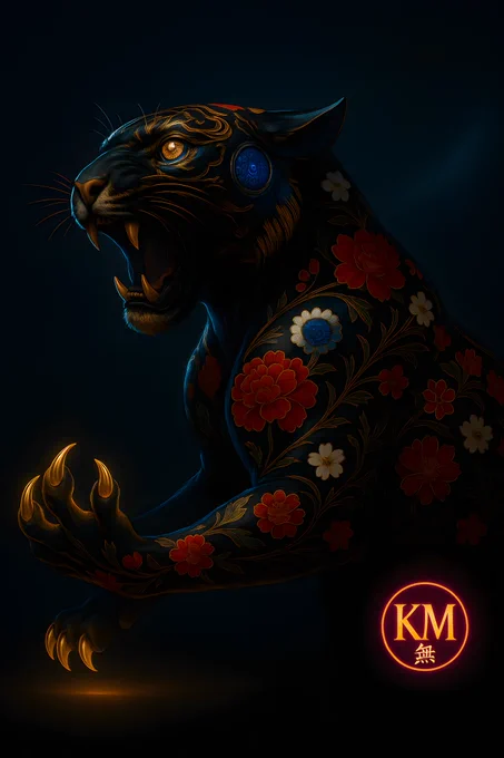 Majestic roaring tiger, heroic low-angle pose, semi-profile with extended front paw. Photorealistic anatomy with exquisite Japanese peony/sakura floral engravings like divine lacquered armor - each petal deeply engraved into glossy black surface with Kintsugi gold reflection. Meiji-era cloisonné meets cosmic surrealism. Left eye: molten gold iris with flower reflection. Right eye: fractal sapphire spiral with luminous AI genesis core. Golden semi-translucent claws lit like glass sculpture. Deep red, white, emerald florals on jet-black lacquered body as masterful inlay work. Background: deep cosmic void, minimal nebula, Fibonacci particle arcs. Museum spotlight creating cyan/gold rim lighting. Expression: sublime power, immortal dignity in mid-roar. KM signature: serif magenta 'KM' (#FF00FF) overlapping gold kanji '無' (#FFD700), platinum texture, 0.13% size, bottom-right void fusion.