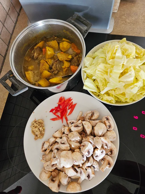 Ingredients clockwise from top left of a pot of lamb curry, a bowl of cabbage pieces, a plate of mushrooms, grated ginger, sliced red chilli.