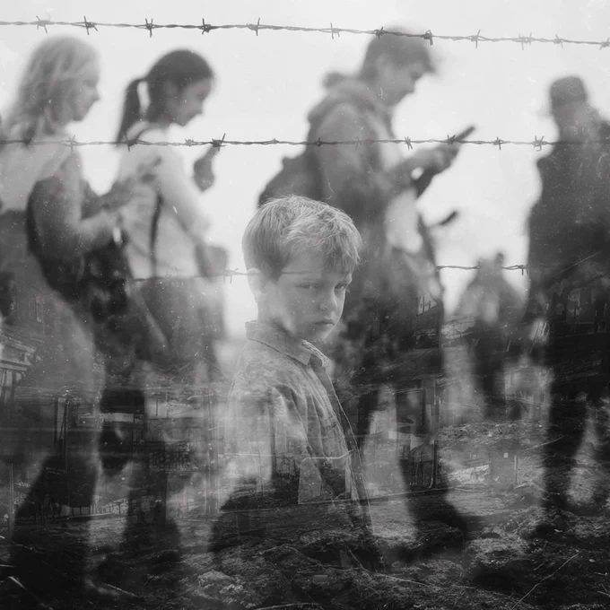 A child behind barbed wire looks out, as blurred figures scroll past — the cost of narrative control made hauntingly visible.