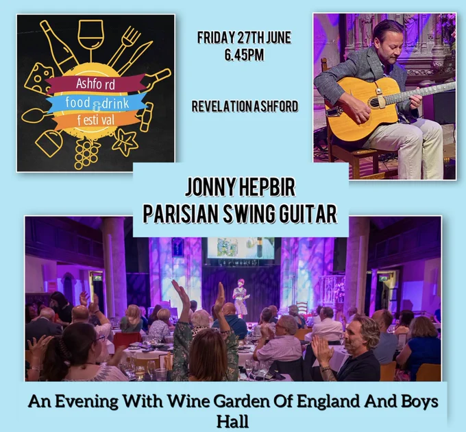 Looking forward to playing #gypsyjazz during #ashfordfoodanddrinkfestival for ‘An Evening With Wine Garden Of England And Boys Hall’ at the awesome @RevelationAsh this Friday 27th June full details: https://revelationashford.co.uk/events/a-tasting-evening-with-wine-garden-of-england-and-boys-hall-jun25/
#swingjazz #acousticguitar #djangoreinhardt #summer