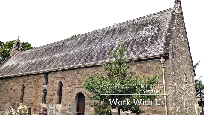 Old church with the text "work with us" in the foreground 