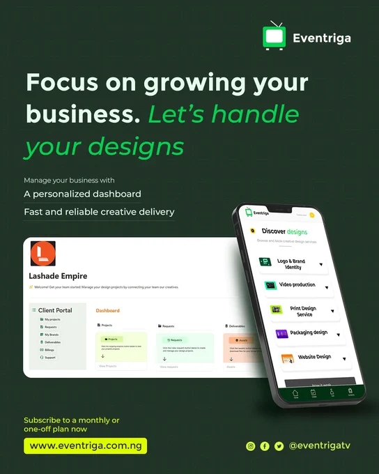 A dashboard for managing your creative design services from Eventriga such as video editing, motion design, graphic design and more