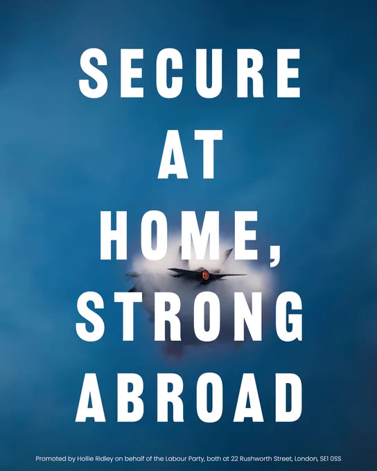 An image of an F-35 jet with a vapour cone formed around the fuselage. Overlaid on the image, text reads: secure at home, strong abroad.