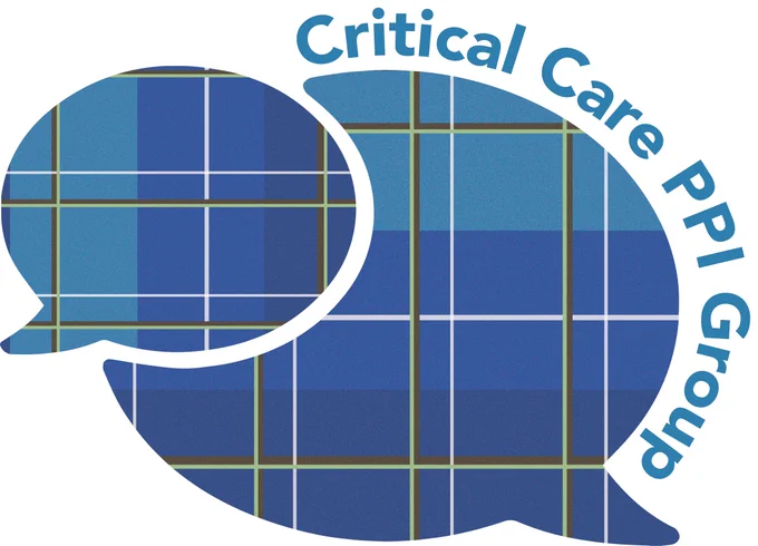 Edinburgh Critical Care PPI Group logo.  Two interlaced speech bubbles in blue/green tartan with Critical Care PPI Group around the edge of the larger bubble