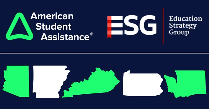 American Student Assistance logo, Education Strategy Group logo and outlines of the states of Arizona, Arkansas, Kentucky, Pennsylvania and Washington.