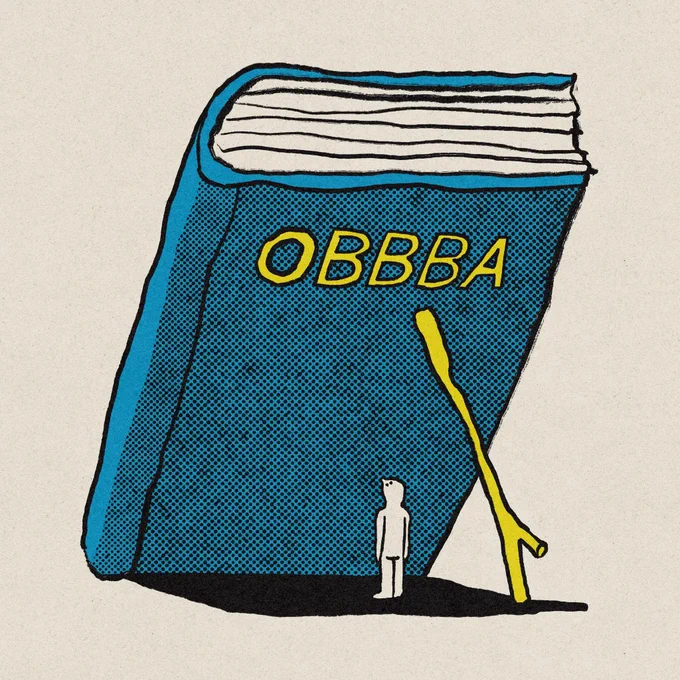 Giant book titled "OBBA" propped up by a thin tree branch as a small person stands underneath in its shadow.