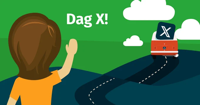 Een zwaaiend Gebruiker Centraal-poppetje naar een Direct Duidelijk Tour-busje met daarin het logo van X en de tekst 'Dag X!'