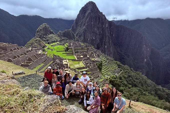 Virginia Tech electrical and computer engineering students pose for a picture in Peru.