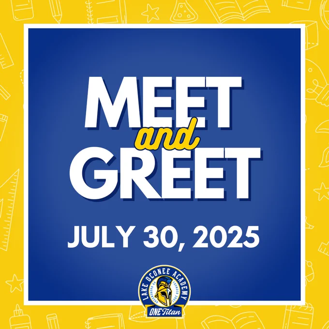 Promotional graphic for a 'Meet and Greet' event on July 30, 2025, featuring a blue background and yellow text, hosted by One Stone Academy.