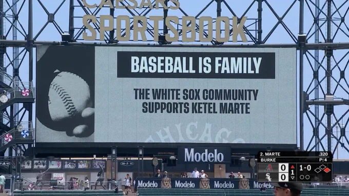 A screenshot of the scoreboard at Rate Field with the following message:
"Baseball is family. The White Sox community supports Ketel Marte"