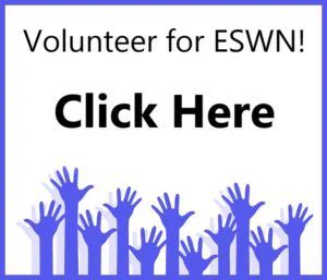 Graphic with hands raised and text Volunteer for ESWN!