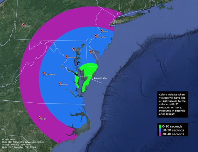 A visibility map showing the mid-Atlantic region. The map shows how many seconds after that people in the area may be able to see the sounding rocket in the sky. The land is green and the ocean is dark blue. Visibility of 30-32 seconds is represented by a purple semi-circle reaching north to New York state, west to West Virginia, and as south as Raleigh, South Carolina. 10-21 seconds is represented by a bright blue semi-circle reaching north to Trenton, New Jersey, west to Charlottesville, North Carolina, and south to parts of South Carolina. Visibility from 0-10 seconds is indicated by a bright green semi-circle mostly covering to the edge of the southern border of Delaware and down into the Eastern Shore of Virginia. On the right is a black box with white words: "Colors indicate when viewers will have line-of-sight access to the vehicle, with 3° elevation or more. Measured in seconds after takeoff."